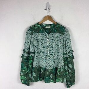 Spell & The Gypsy Winona Green Floral Ruffle Metallic Blouse Ivy Small